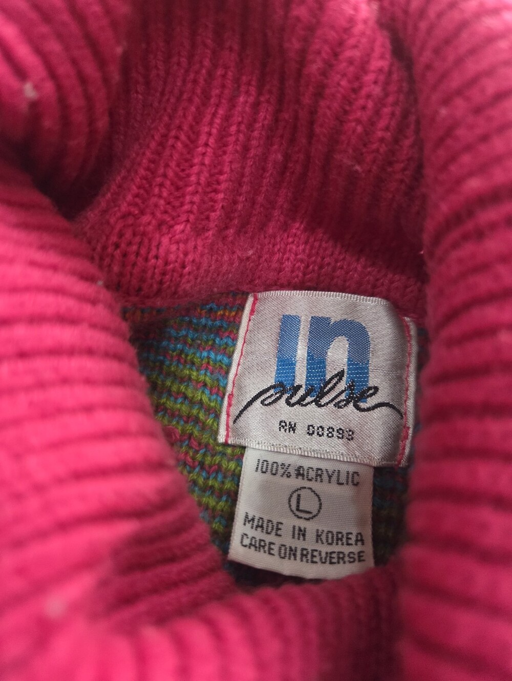 VTG. In Pulse Neon Pink Multicolor Geometric Turtleneck Sweater Sz.L - Picture 4 of 9